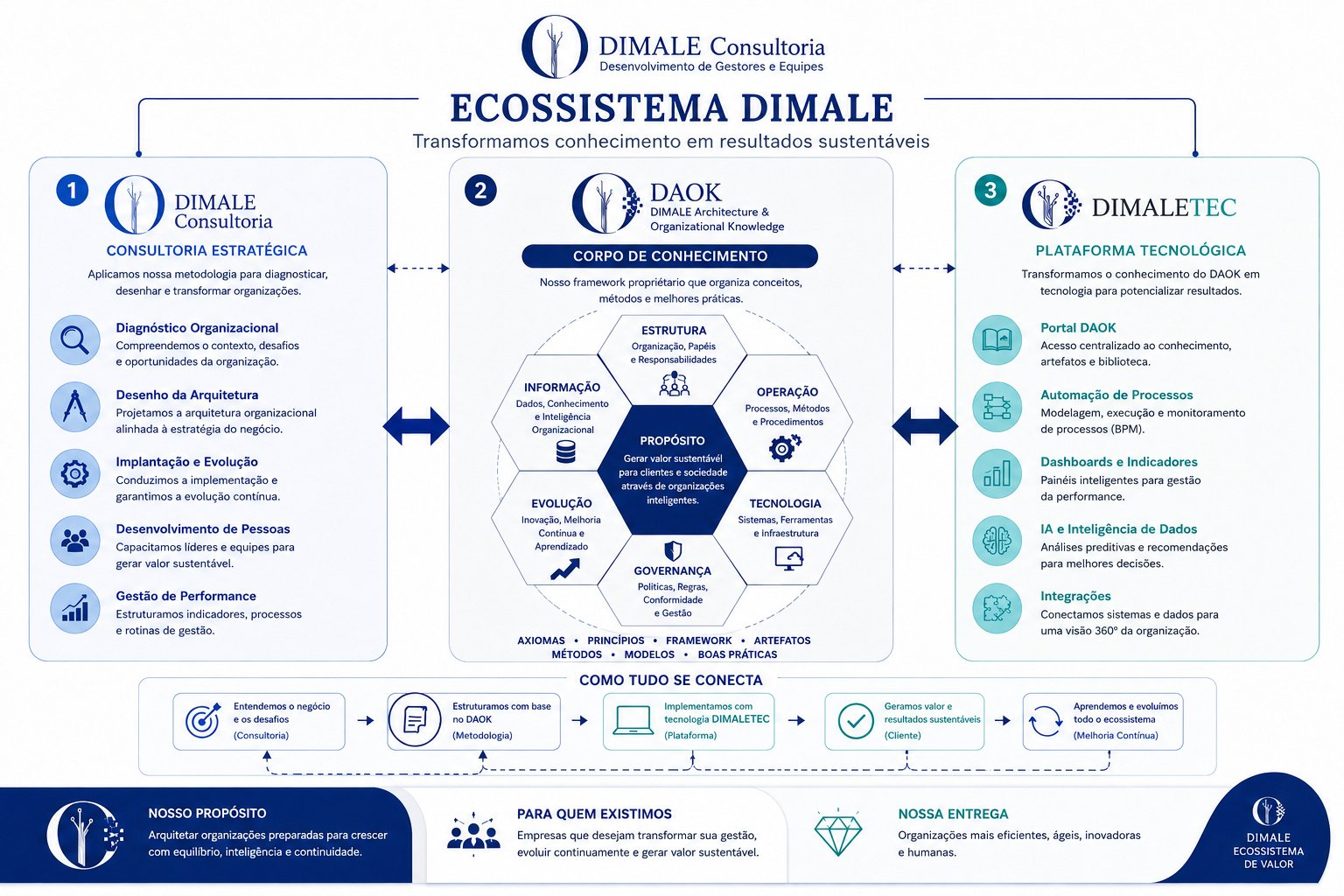 Infográfico do Ecossistema DIMALE - Consultoria Estratégica, DAOK e DIMALETEC